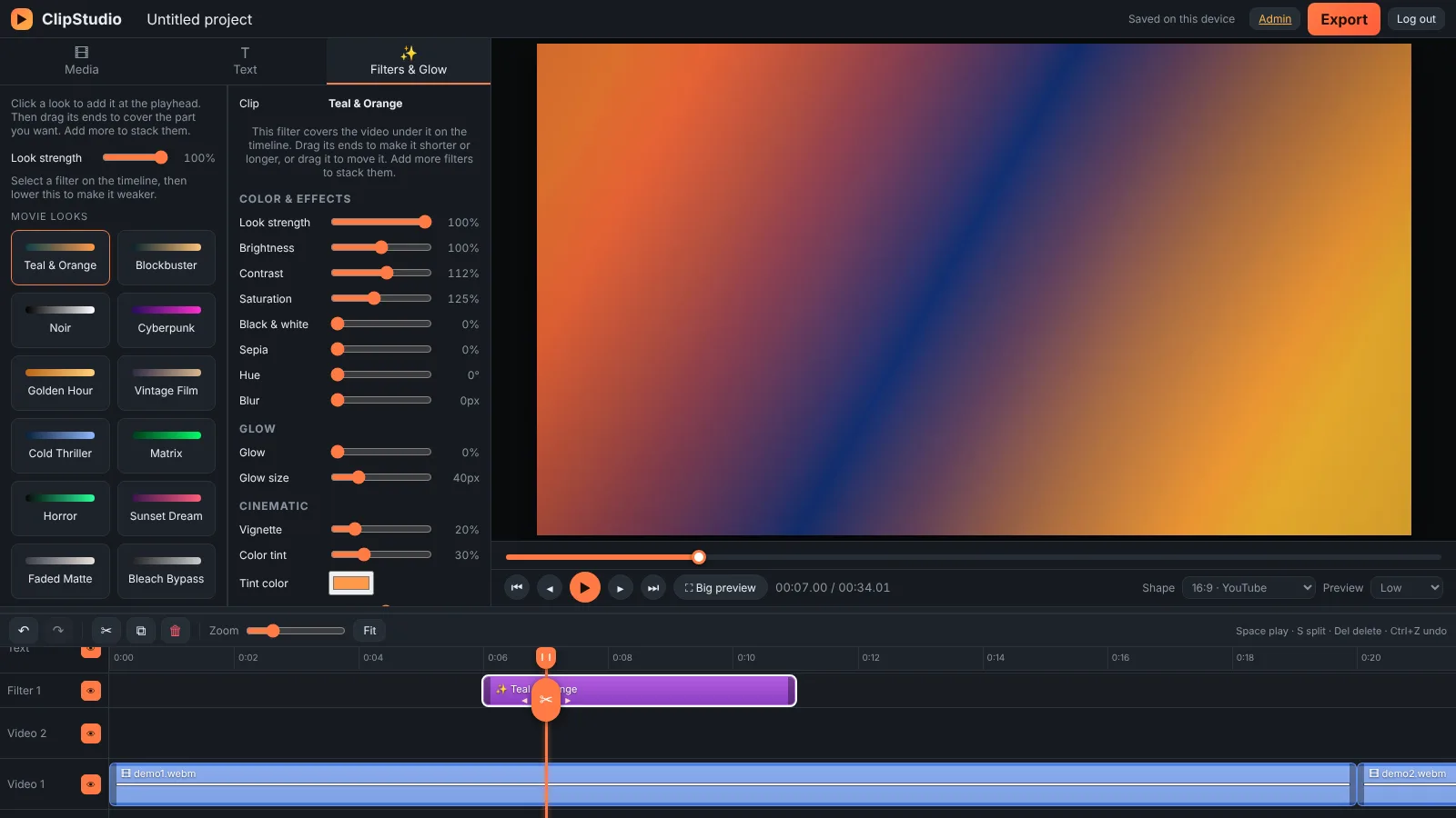 The ClipStudio editor with a video on the timeline and a movie filter applied